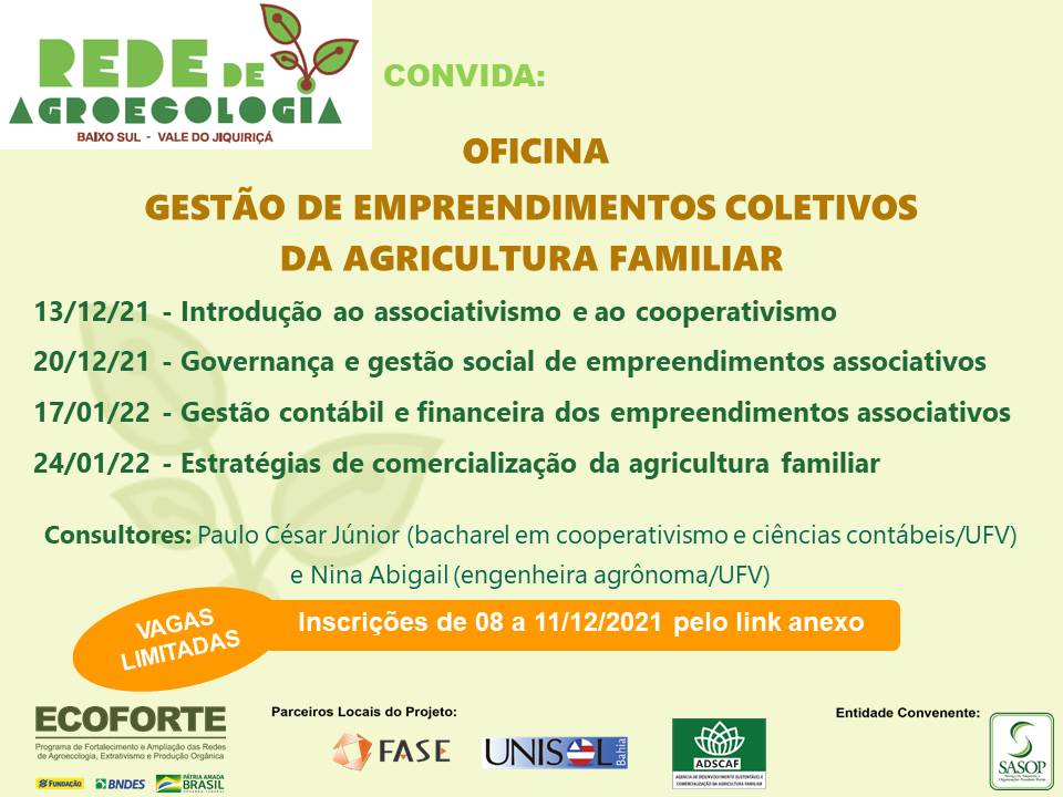 Oficina virtual: Gestão de empreendimentos coletivos da agricultura familiar – a partir de 13/12