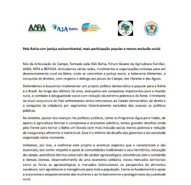 Carta Aberta da Articulação do Campo – Pela Bahia com justiça socioambiental, mais participação popular e menos exclusão social
