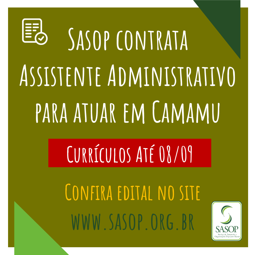 SASOP contrata Assistente Administrativo para atuar em Camamu